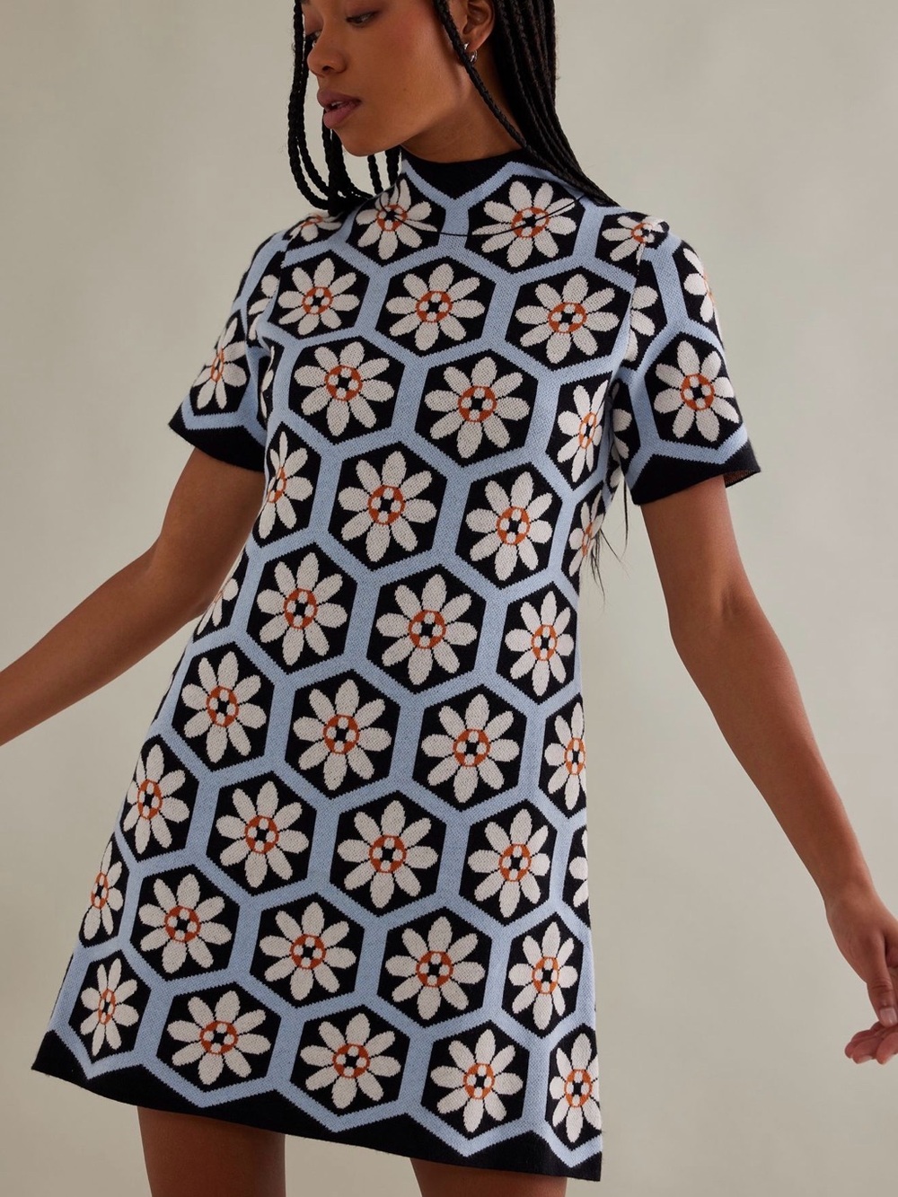 By Anthropologie the Nina Short Sleeve mock neck mod sweater mini dress